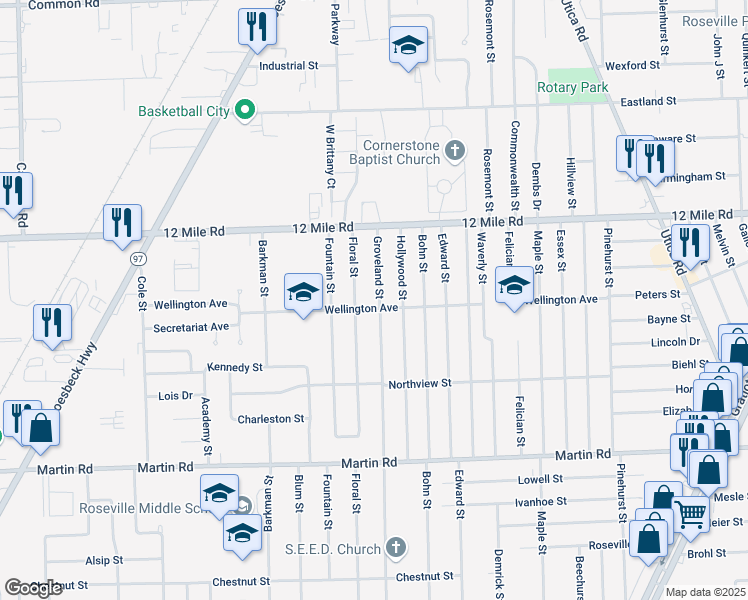 map of restaurants, bars, coffee shops, grocery stores, and more near 28713 Groveland Street in Roseville