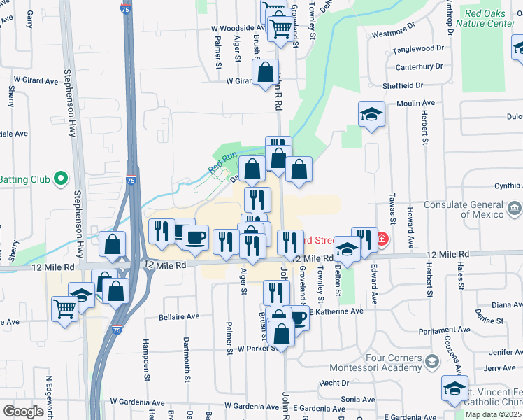 map of restaurants, bars, coffee shops, grocery stores, and more near 29101 John R Road in Madison Heights