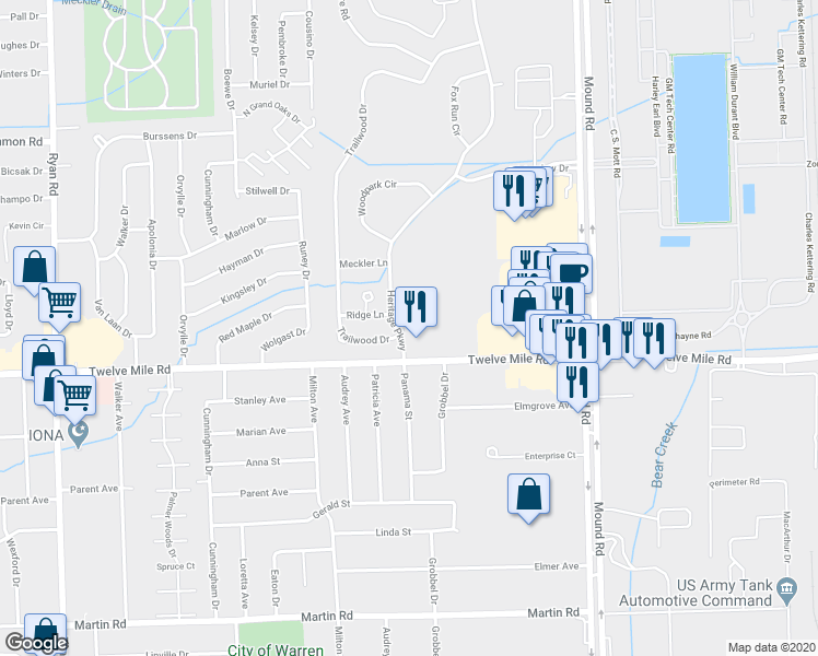 map of restaurants, bars, coffee shops, grocery stores, and more near 29112 Heritage Parkway in Warren