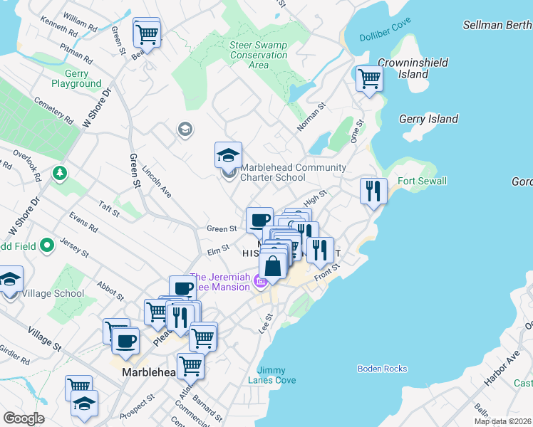map of restaurants, bars, coffee shops, grocery stores, and more near 49-51 Elm Street in Marblehead