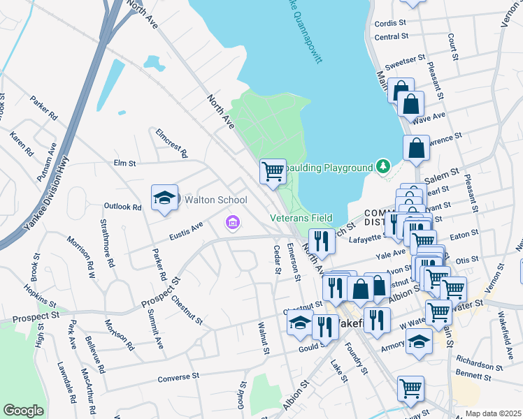 map of restaurants, bars, coffee shops, grocery stores, and more near 480 North Avenue in Wakefield