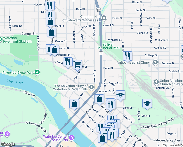 map of restaurants, bars, coffee shops, grocery stores, and more near 116 Harrison Street in Waterloo