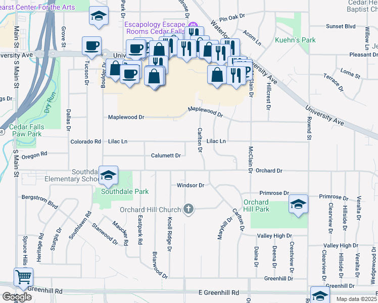 map of restaurants, bars, coffee shops, grocery stores, and more near 1000-3426 Calumett Drive in Cedar Falls