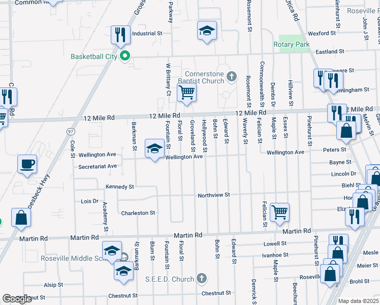 map of restaurants, bars, coffee shops, grocery stores, and more near 28713 Groveland Street in Roseville