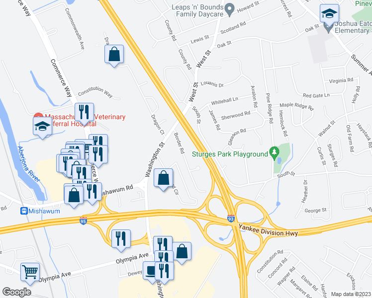 map of restaurants, bars, coffee shops, grocery stores, and more near 30 Border Road in Reading