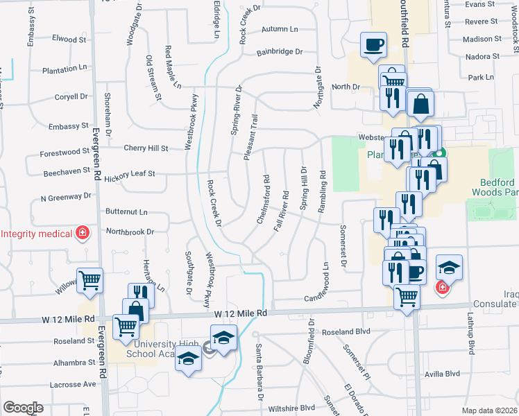 map of restaurants, bars, coffee shops, grocery stores, and more near 29661 Chelmsford Road in Southfield