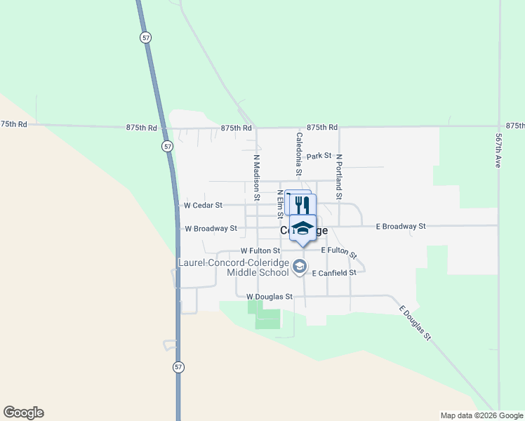 map of restaurants, bars, coffee shops, grocery stores, and more near 200-298 West Cedar Street in Coleridge