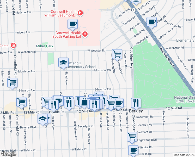 map of restaurants, bars, coffee shops, grocery stores, and more near 3893 Robina Avenue in Berkley