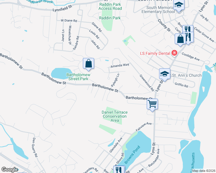 map of restaurants, bars, coffee shops, grocery stores, and more near 69 Bartholomew Street in Peabody