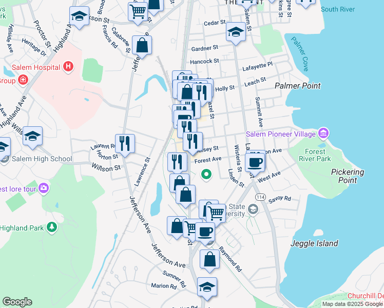 map of restaurants, bars, coffee shops, grocery stores, and more near 201 Canal Street in Salem