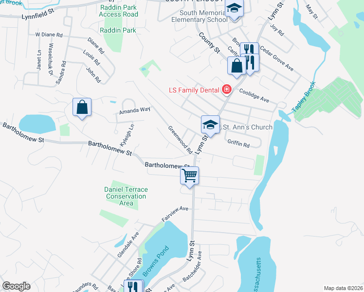 map of restaurants, bars, coffee shops, grocery stores, and more near 8 Greenwood Road in Peabody