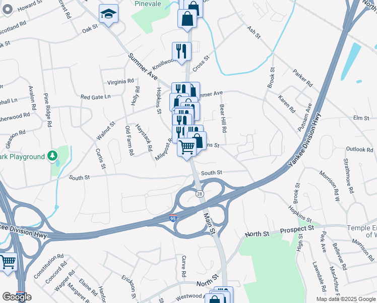 map of restaurants, bars, coffee shops, grocery stores, and more near 100 Main Street in Reading