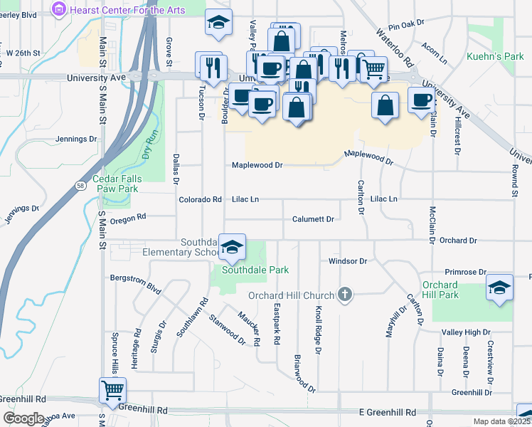 map of restaurants, bars, coffee shops, grocery stores, and more near 830 Calumett Drive in Cedar Falls