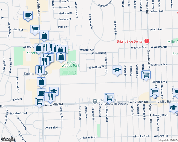 map of restaurants, bars, coffee shops, grocery stores, and more near 17155 Morrison Street in Southfield
