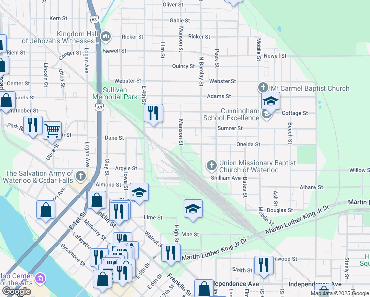 map of restaurants, bars, coffee shops, grocery stores, and more near 210 Oneida Street in Waterloo