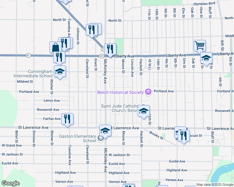 map of restaurants, bars, coffee shops, grocery stores, and more near 1322 Portland Avenue in Beloit