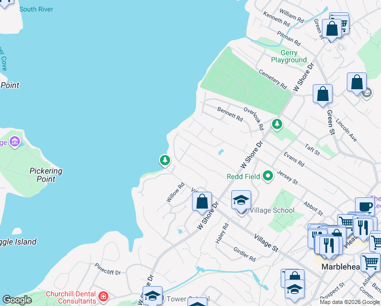 map of restaurants, bars, coffee shops, grocery stores, and more near 47 Beverly Ave in Marblehead