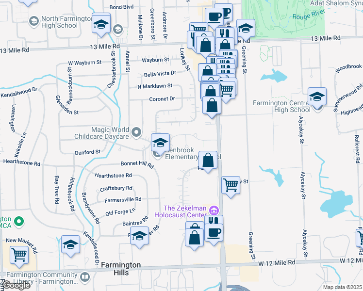 map of restaurants, bars, coffee shops, grocery stores, and more near 28636 Bristol Court in Farmington Hills