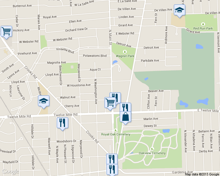 map of restaurants, bars, coffee shops, grocery stores, and more near 2035 North Main Street in Royal Oak