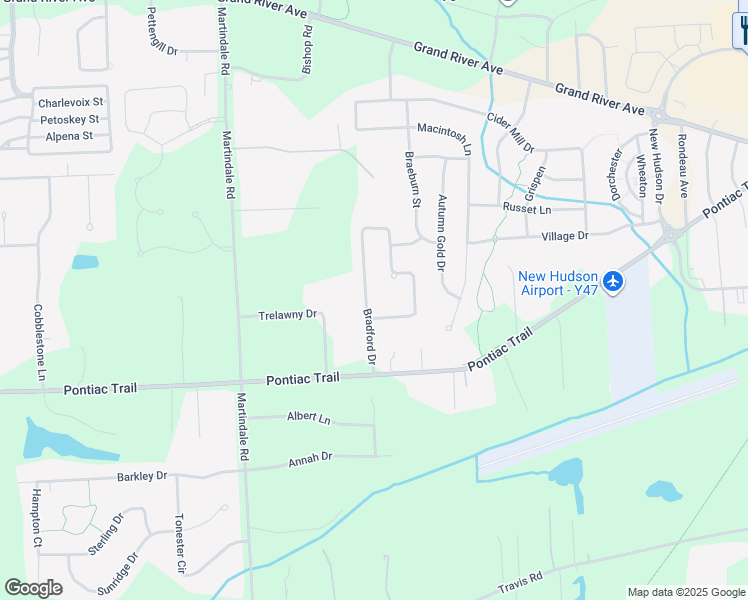 map of restaurants, bars, coffee shops, grocery stores, and more near 29818 Bradford Drive in Lyon Charter Township