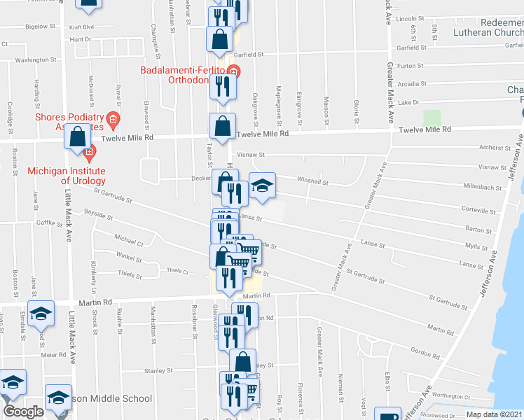 map of restaurants, bars, coffee shops, grocery stores, and more near 21601 Lanse Street in St. Clair Shores