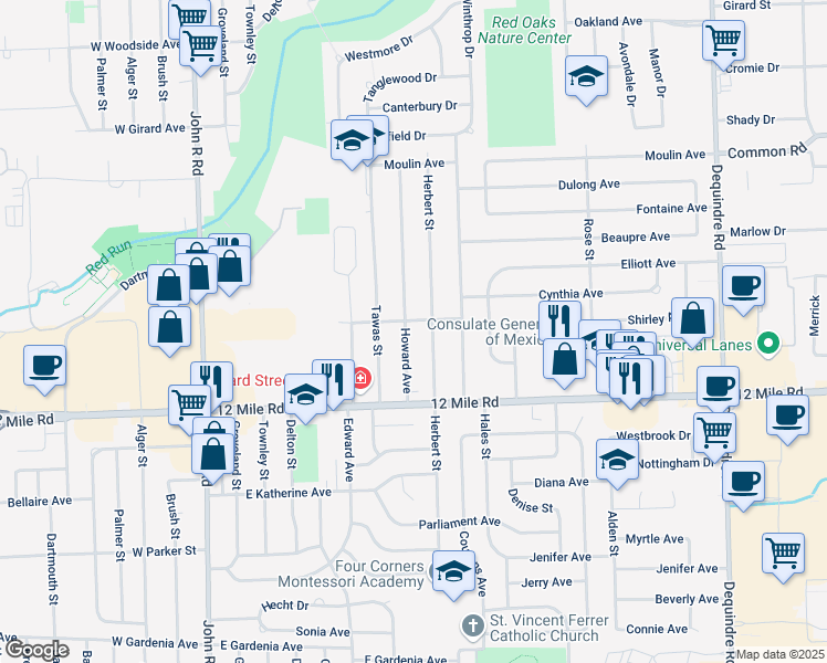 map of restaurants, bars, coffee shops, grocery stores, and more near 29145 Herbert Street in Madison Heights
