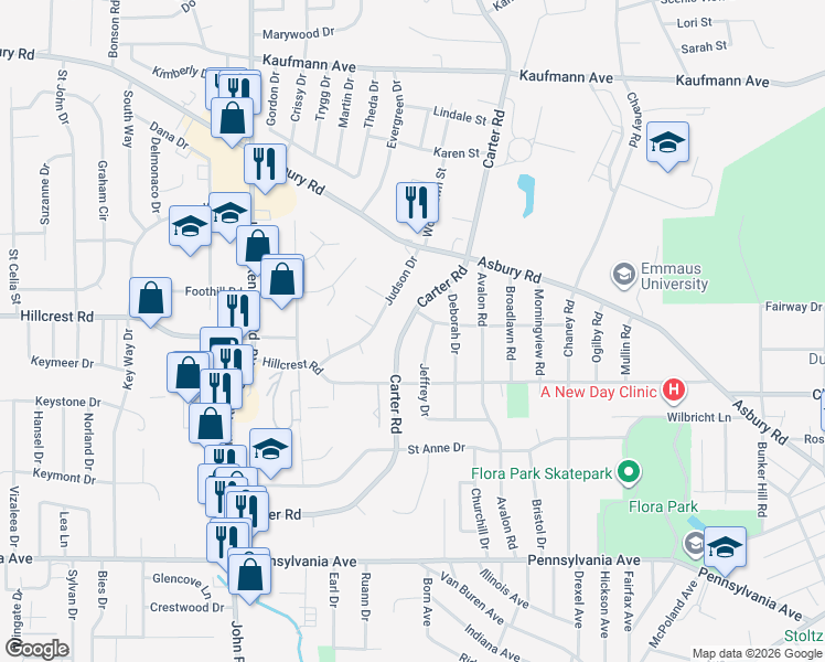 map of restaurants, bars, coffee shops, grocery stores, and more near 2078 Carter Road in Dubuque