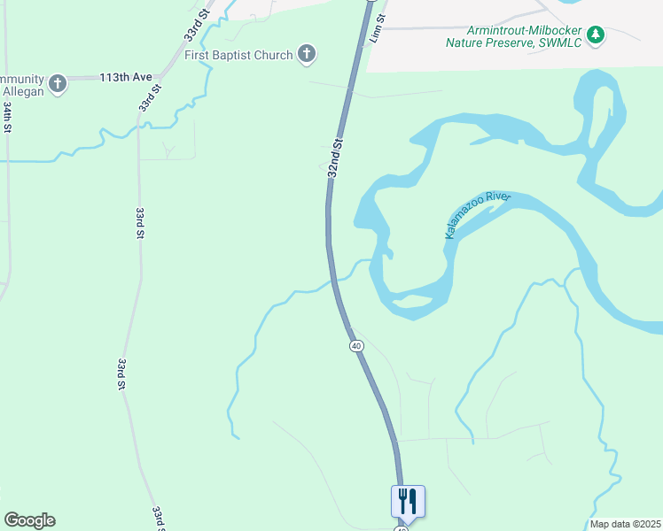 map of restaurants, bars, coffee shops, grocery stores, and more near 1203 32nd Street in Allegan