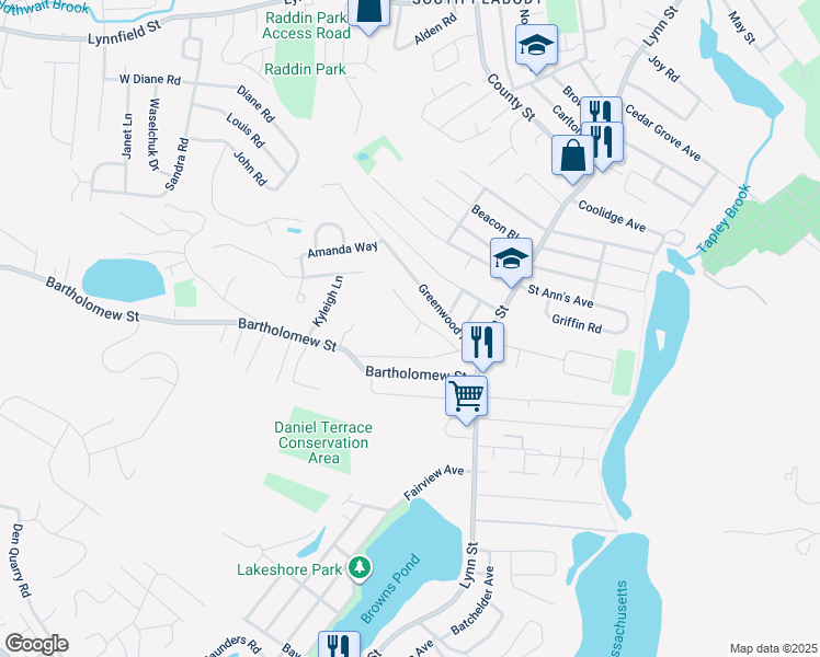 map of restaurants, bars, coffee shops, grocery stores, and more near 2 Hillcrest Avenue in Peabody