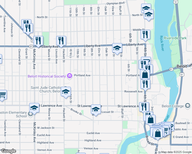 map of restaurants, bars, coffee shops, grocery stores, and more near 608 Portland Avenue in Beloit