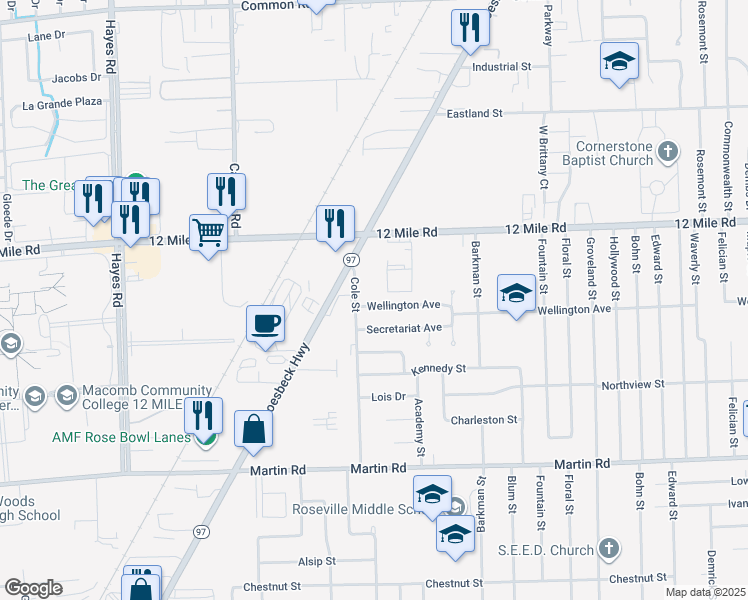 map of restaurants, bars, coffee shops, grocery stores, and more near 16047 Wellington Avenue in Roseville