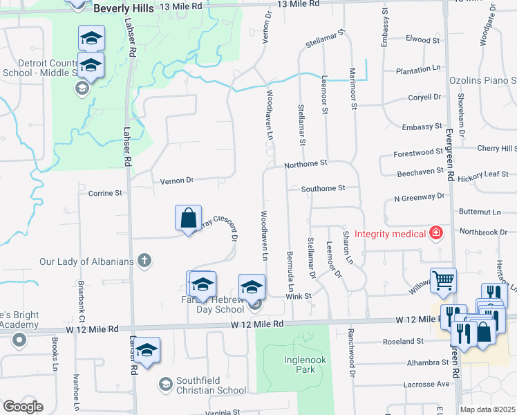 map of restaurants, bars, coffee shops, grocery stores, and more near 29625 Woodhaven Ln in Southfield