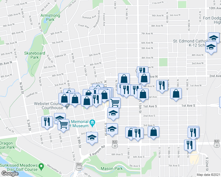 map of restaurants, bars, coffee shops, grocery stores, and more near 1217 1st Avenue North in Fort Dodge