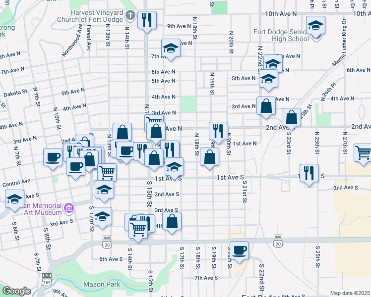 map of restaurants, bars, coffee shops, grocery stores, and more near 1707 1st Avenue North in Fort Dodge