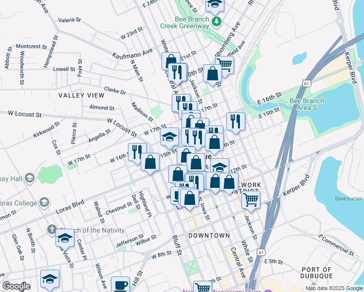 map of restaurants, bars, coffee shops, grocery stores, and more near 1504 Iowa Street in Dubuque