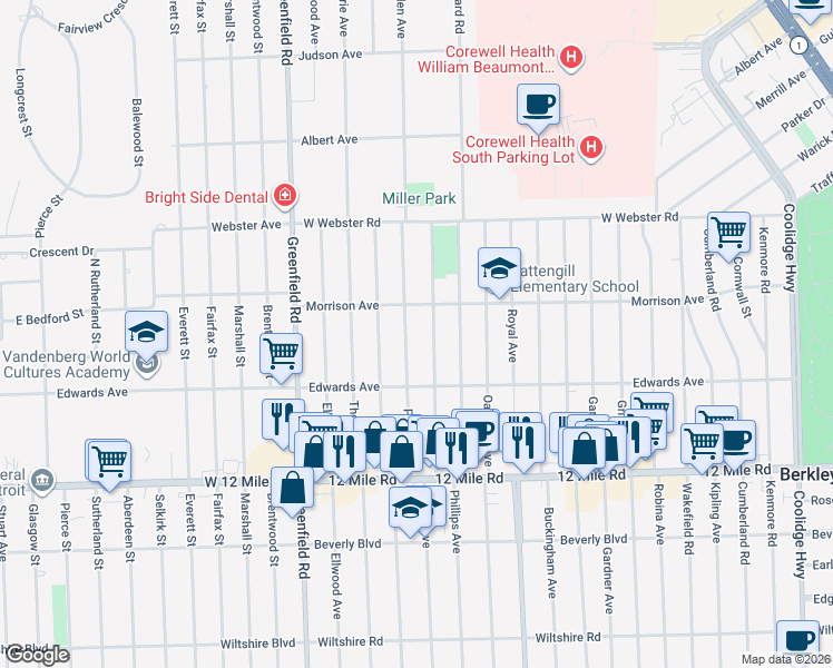 map of restaurants, bars, coffee shops, grocery stores, and more near 3890 Prairie Ave in Berkley