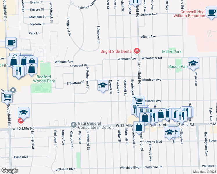 map of restaurants, bars, coffee shops, grocery stores, and more near 29569 Everett Street in Southfield