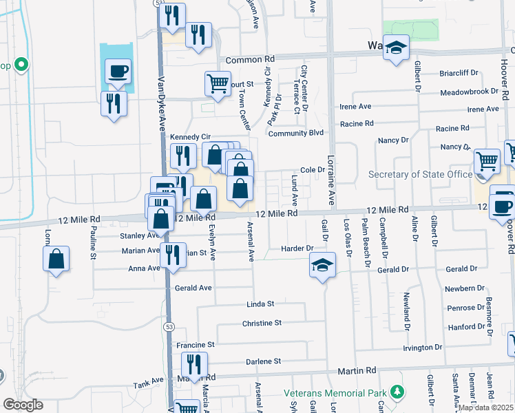 map of restaurants, bars, coffee shops, grocery stores, and more near 8425 12 Mile Road in Warren