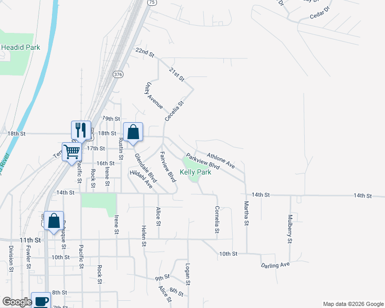map of restaurants, bars, coffee shops, grocery stores, and more near 3243 Parkview Boulevard in Sioux City