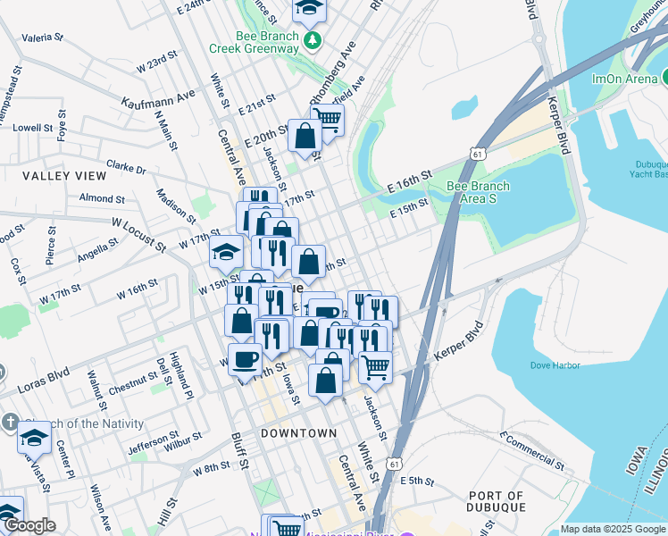 map of restaurants, bars, coffee shops, grocery stores, and more near 1380 Washington Street in Dubuque