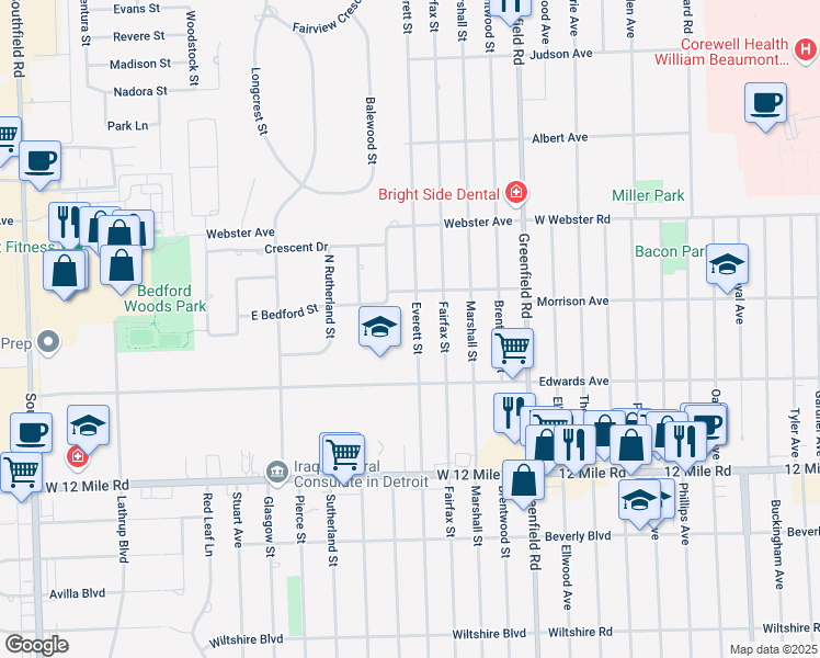 map of restaurants, bars, coffee shops, grocery stores, and more near 29569 Everett Street in Southfield