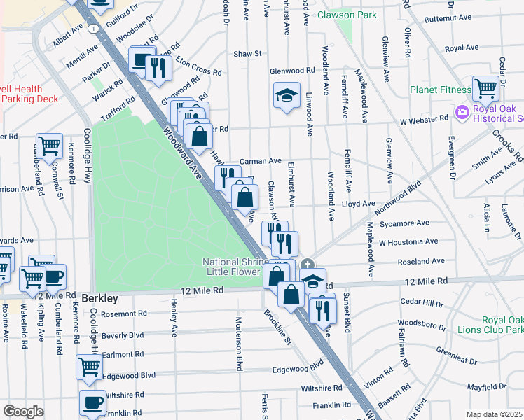 map of restaurants, bars, coffee shops, grocery stores, and more near 2125 Clawson Avenue in Royal Oak