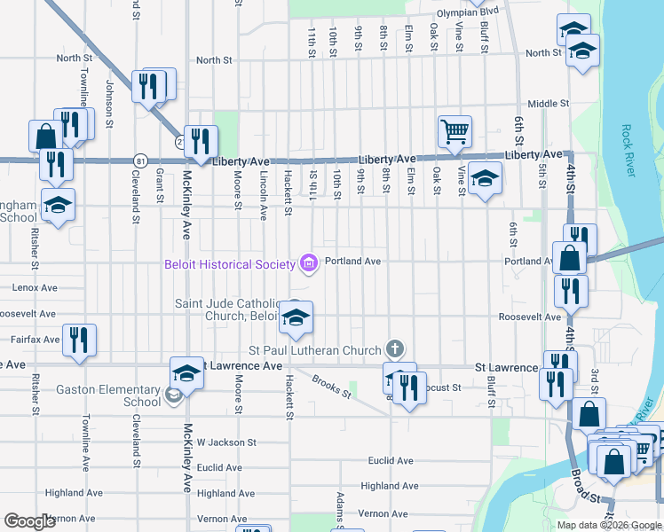 map of restaurants, bars, coffee shops, grocery stores, and more near 904 Portland Avenue in Beloit