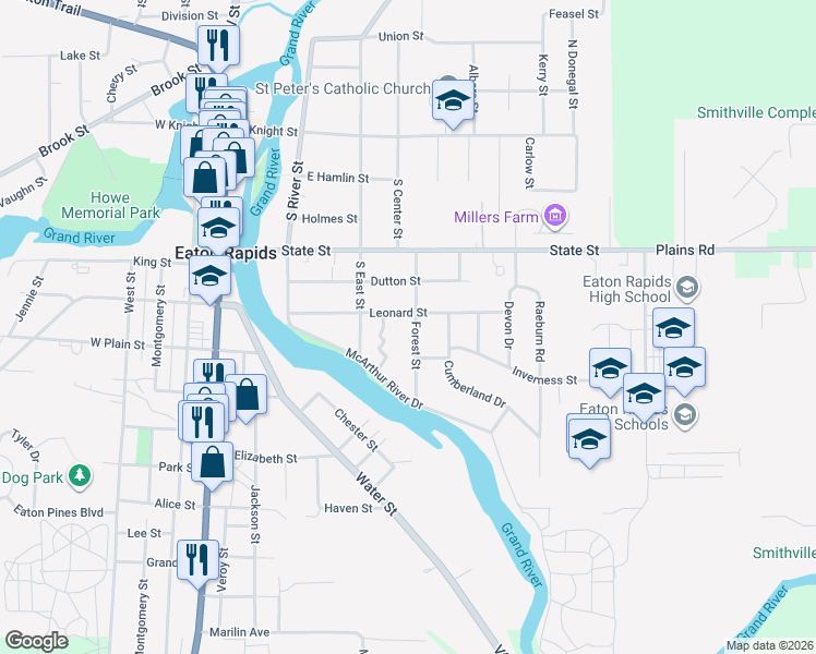 map of restaurants, bars, coffee shops, grocery stores, and more near 604 Forest Street in Eaton Rapids