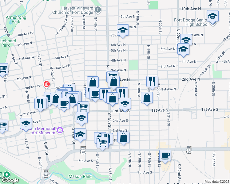 map of restaurants, bars, coffee shops, grocery stores, and more near 1517 1st Avenue North in Fort Dodge