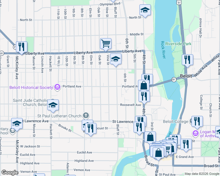map of restaurants, bars, coffee shops, grocery stores, and more near 861 Vine Street in Beloit