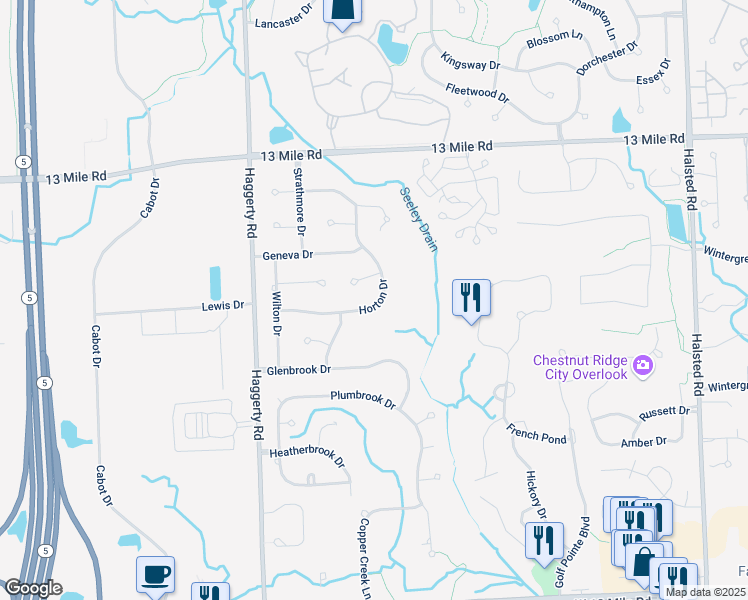 map of restaurants, bars, coffee shops, grocery stores, and more near 38874 Horton Drive in Farmington Hills
