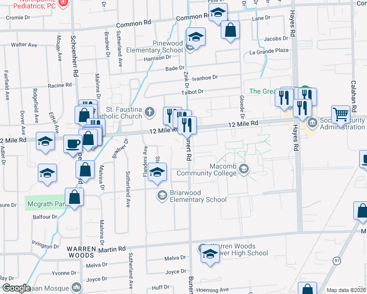 map of restaurants, bars, coffee shops, grocery stores, and more near 28837 Bunert Road in Warren