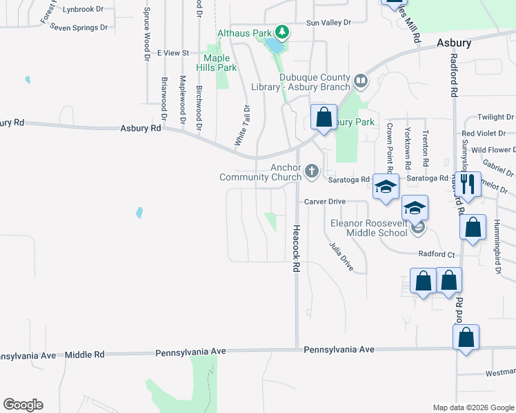 map of restaurants, bars, coffee shops, grocery stores, and more near 2267 Doe Run Drive in Dubuque