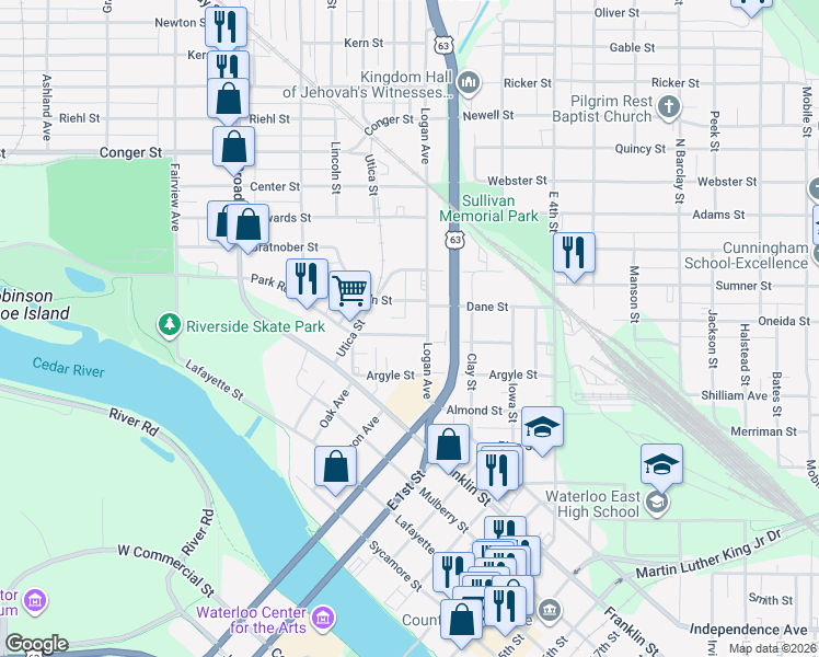 map of restaurants, bars, coffee shops, grocery stores, and more near 116 Harrison Street in Waterloo